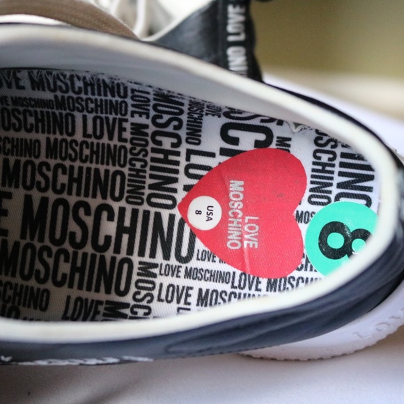 Love Moschino Black Leather Sneakers Running Shoes Heart Lace Up Women's 8 - Picture 7 of 11